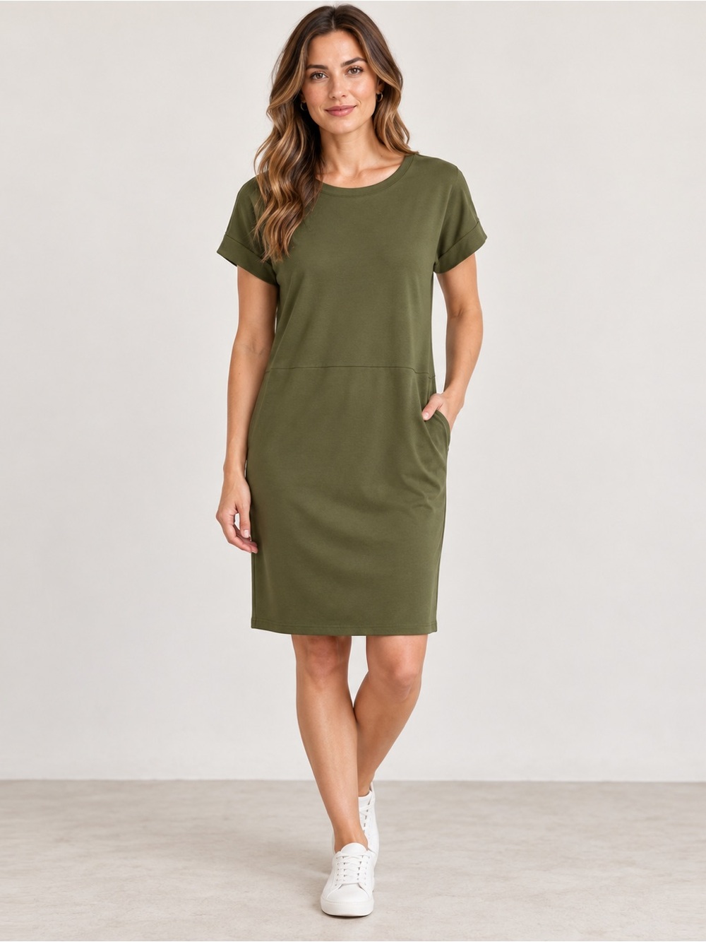 Relaxed Olive Midi Tee Dress with Pockets
